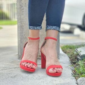 Women's Suede Ankle Strap Block Heel Dress Sandals Red Color